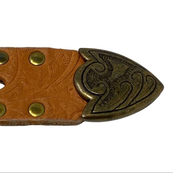 Sand Castle Floral Embossed Tan Leather & Metal Mesh Western Style Belt - Picture 5 of 9